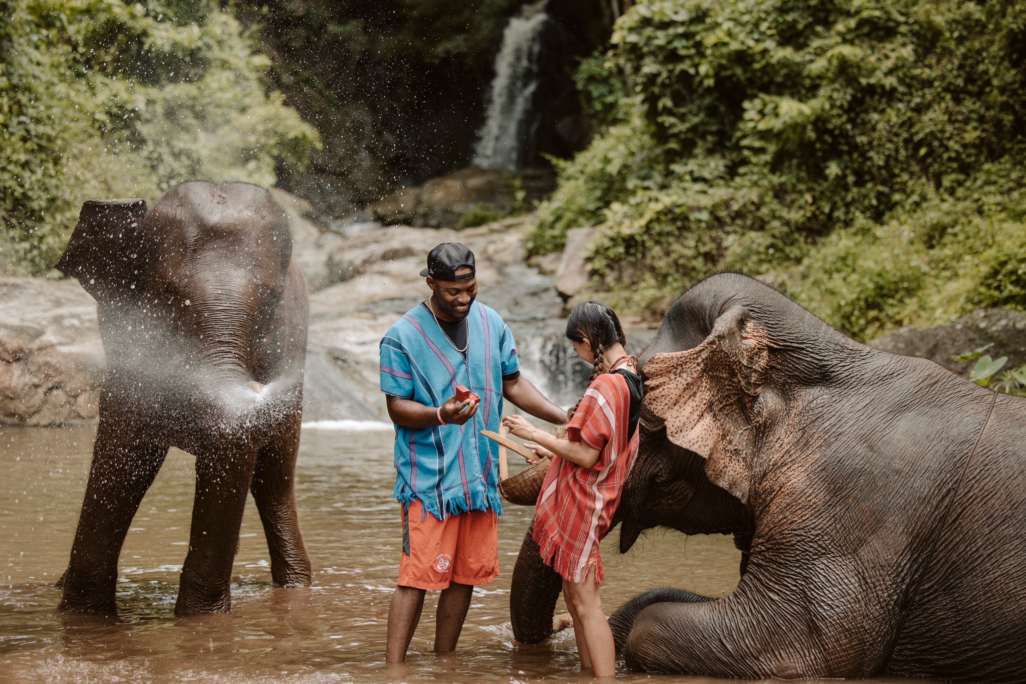 Elephant splashing near Stephanie and Quay