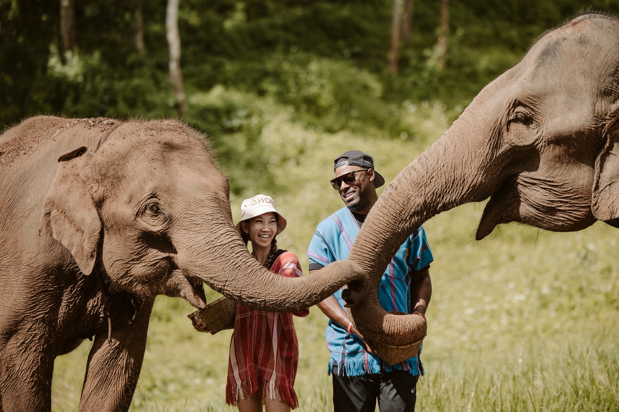 Stephanie and Quay with two elephants